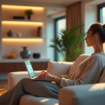 AI Innovations for Daily Life: Boosting Productivity at Home with Top AI Apps "A serene woman sits on a cream-colored couch in her modern living room surrounded by smart home devices and AI-powered tools, effortlessly navigating digital tasks with AI Automation Solutions."