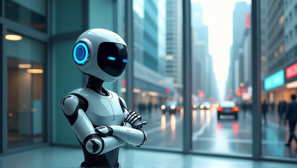 "A futuristic customer support center featuring a humanoid AI assistant standing confidently in front of a minimalist background, surrounded by cutting-edge technology and cityscape views."