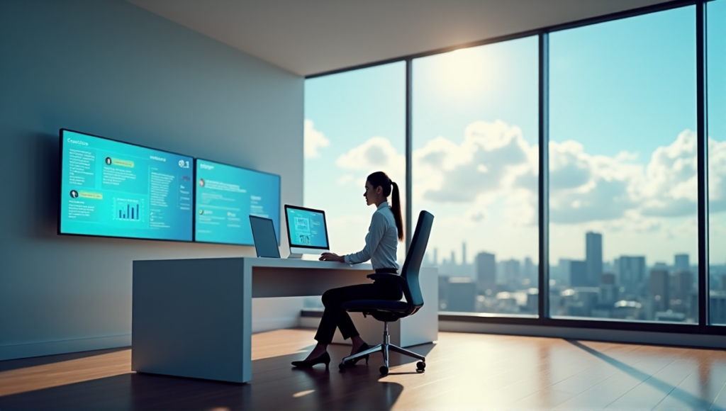 "A customer service representative works in a modern center surrounded by data analytics screens and AI-driven insights on customer behavior and feedback metrics."