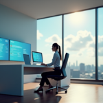 "A customer service representative works in a modern center surrounded by data analytics screens and AI-driven insights on customer behavior and feedback metrics."