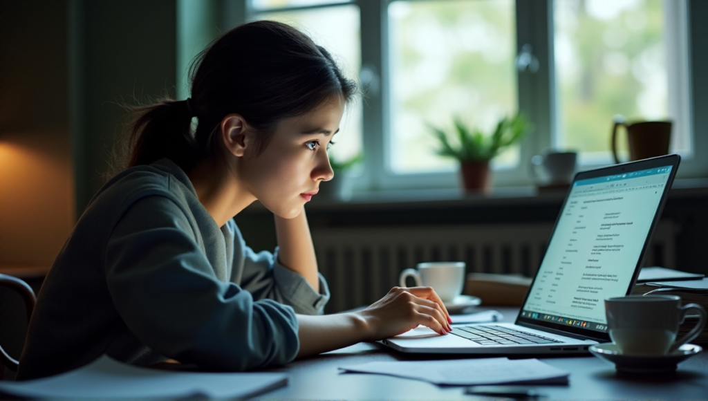 "A young woman sits at a cluttered desk, intently staring at her computer with AI-driven tools open on multiple tabs, surrounded by writing-related objects in a dimly lit room."