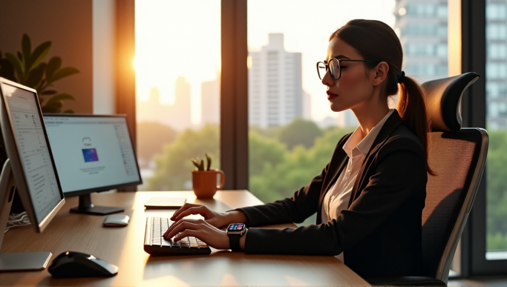 "A young professional sits comfortably in a modern home office space surrounded by AI-powered devices and tools enhancing productivity with AI automation solutions."