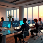 Top AI Automation Solutions for Creative Agencies to Boost Productivity and Efficiency "A team of professionals collaborate around a glass conference table, surrounded by AI-powered workstations displaying data analytics graphs and vibrant visuals in an open-plan office with a cityscape view."