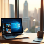 Top AI Tools for Everyday Use: Boosting Home Productivity and Efficiency "A clutter-free home office featuring a silver laptop, AI-powered tools, and a cityscape view through a large window."