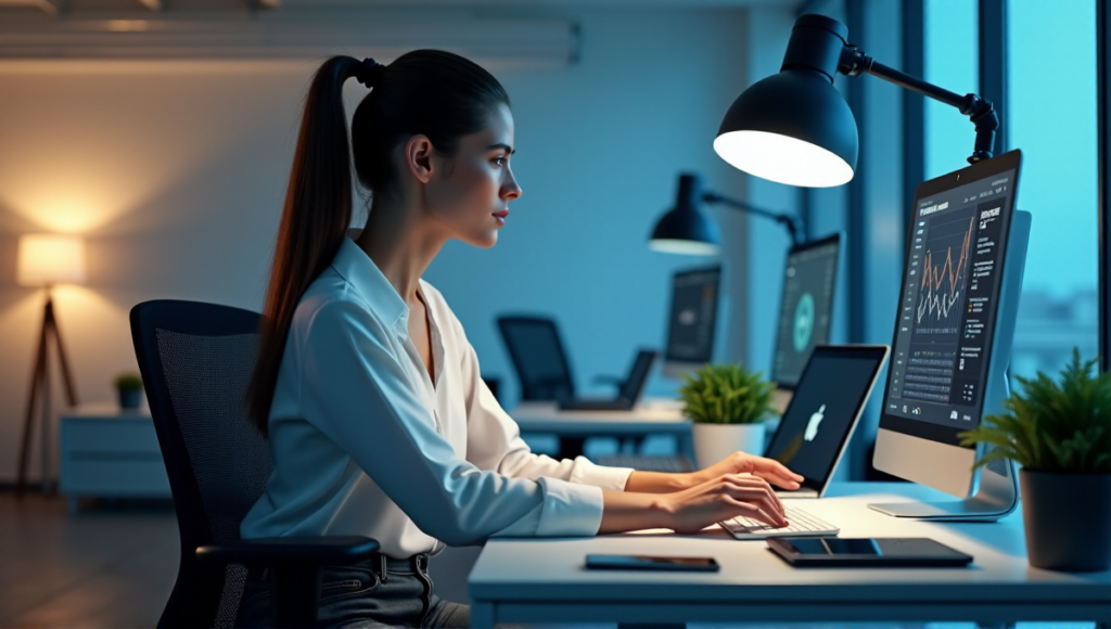 "A young woman sits at a minimalist desk, intensely focused on an AI-powered marketing dashboard displayed on a large screen behind her."