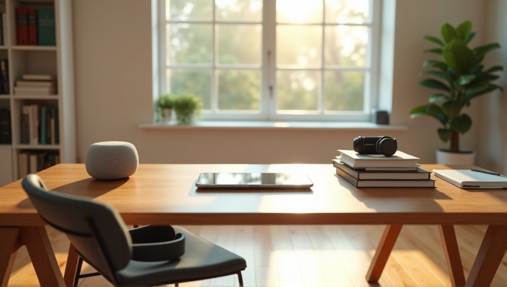 "A clutter-free home office with a large wooden desk featuring AI-powered tools, including a smart speaker, touchscreen tablet, wireless charging pad, and noise-cancelling headphones, surrounded by organized books and a small potted plant."