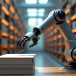 "Image of a modern publishing house with AI-powered automation system, featuring a robotic arm handling books amidst towering bookshelves and soft blue LED lighting."
