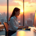 "AI-Driven Productivity Boosters: Enhancing Employee Engagement and Business Success" "A young professional sits at a modern desk in an open-concept office with lush greenery and vibrant artwork, using AI-powered productivity tools."