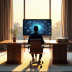 "A photorealistic office setting featuring a modern desk with a computer monitor displaying interconnected AI gears and algorithms, surrounded by bookshelves and cutting-edge technology."