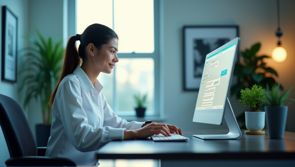 "A customer support representative attentively reads and responds to messages on a laptop displaying a top AI-powered chat interface from a leading solution, surrounded by a modern office environment."