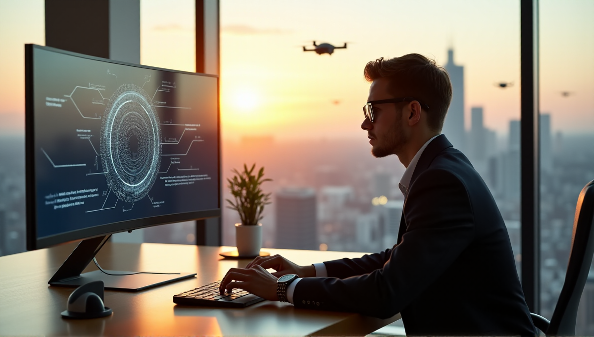 A young professional sits confidently at a minimalist desk surrounded by cutting-edge technology in a futuristic office space, utilizing AI automation solutions to boost business and productivity.