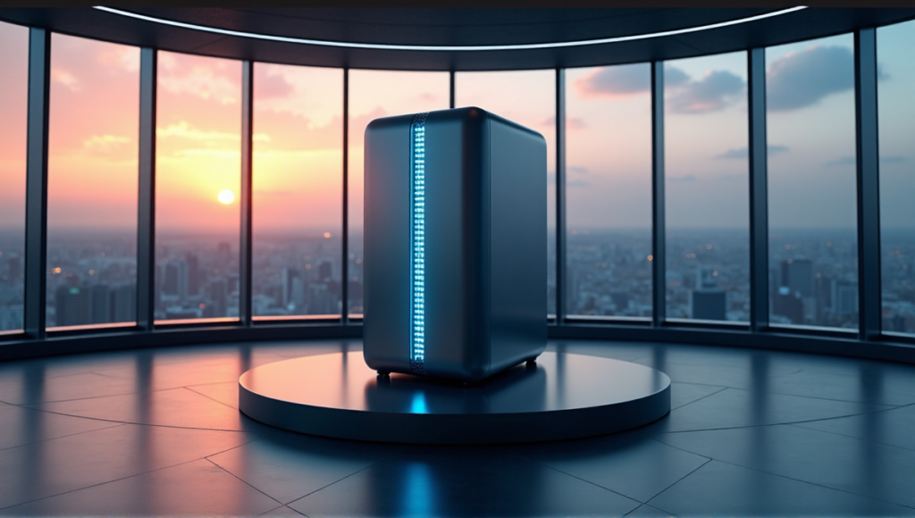 "A futuristic cybersecurity control room with a sleek silver server tower at its center, surrounded by a cityscape view and soft ambient lighting."