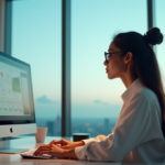 Achieve More with Less Effort: Boosting Personal Efficiency with Top AI Tools "A young woman sits at a minimalist desk, surrounded by AI-powered productivity tools on her computer screen, exuding calm focus and determination in a serene outdoor-inspired environment."