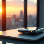 AI-Powered Task Management: Unlock Seamless Efficiency with Intelligent Automation "A sleek silver AI-powered task management system on a modern glass desk in a high-tech office with cityscape view at sunset."
