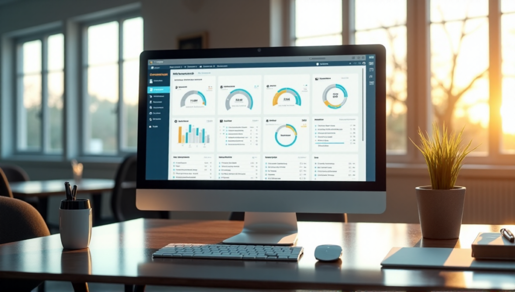 "A modern office desk with a silver-finish computer monitor displaying an AI-powered task management system, surrounded by minimalist office supplies in a well-lit, spacious environment."