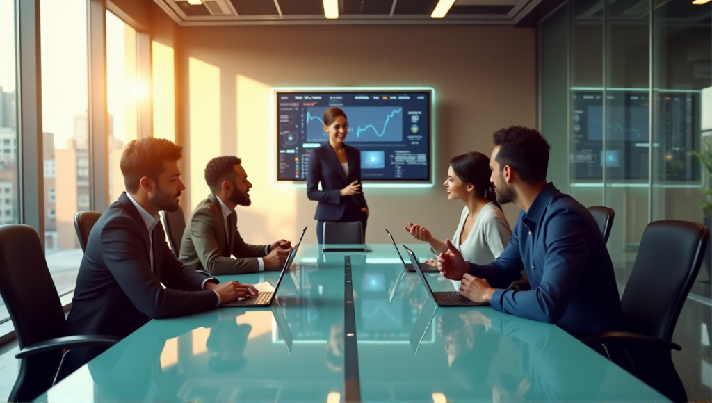 "A diverse team of professionals collaborate in a high-tech conference room surrounded by AI-powered tools and data analytics displays."
