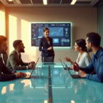 "AI-Driven Remote Team Management Solutions for Enhanced Business Productivity" "A diverse team of professionals collaborate in a high-tech conference room surrounded by AI-powered tools and data analytics displays."