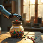 "How AI Transforms Modern Philanthropy Efforts with Innovative Solutions" "A serene charity office scene with an AI-powered robotic arm placing a wooden donation box into a glass jar filled with hand-painted stones, surrounded by old books and vintage computers."