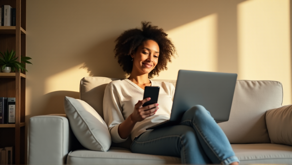 "A woman sits on a minimalist couch surrounded by smart home devices, smiling at her phone displaying a calendar app, conveying relaxation and organization amidst AI automation solutions."