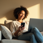 How AI Transforms Personal Relationships and Enhances Daily Life with Effortless Efficiency "A woman sits on a minimalist couch surrounded by smart home devices, smiling at her phone displaying a calendar app, conveying relaxation and organization amidst AI automation solutions."