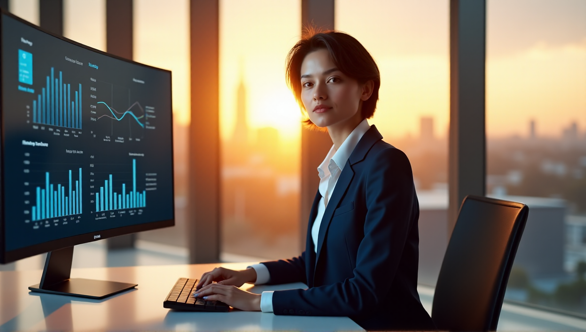A marketing executive sits confidently at a desk in front of an AI-powered analytics dashboard displaying data visualizations and charts illustrating business success, with a city skyline view behind her.