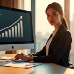 "Unlock AI-Driven Conversions and Success with Top Marketing Strategies" "A young businesswoman sits confidently at a modern desk with a computer screen displaying rising sales behind her, wearing a tailored white blouse and black blazer, set against a warm office space with soft natural light."