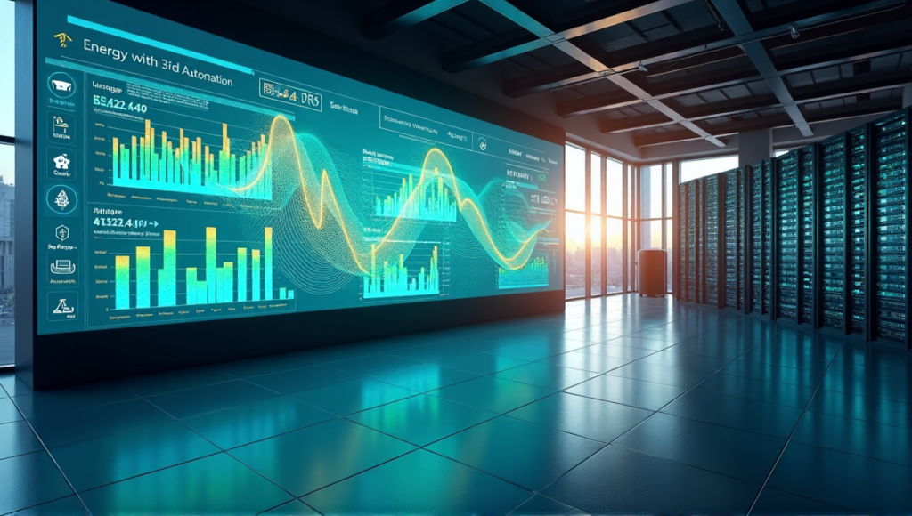 "Control room featuring a high-resolution touchscreen display showcasing energy consumption patterns and AI-driven optimization algorithms in real-time, with rows of server racks and monitoring equipment."