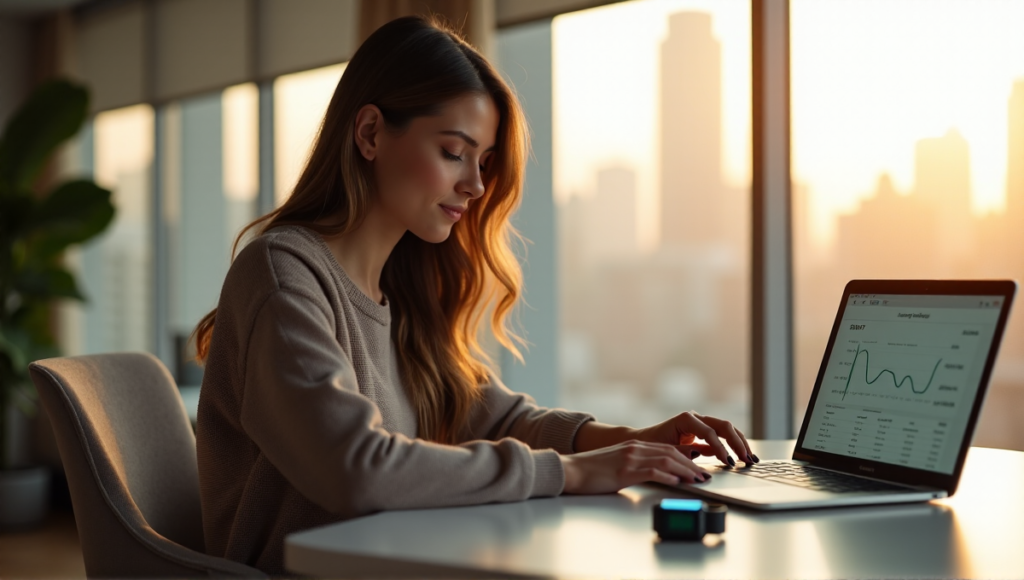 "A young woman sits at a modern desk, surrounded by AI-powered personal finance tools, using a smartphone app, smartwatch, and laptop to manage her finances with AI automation solutions."