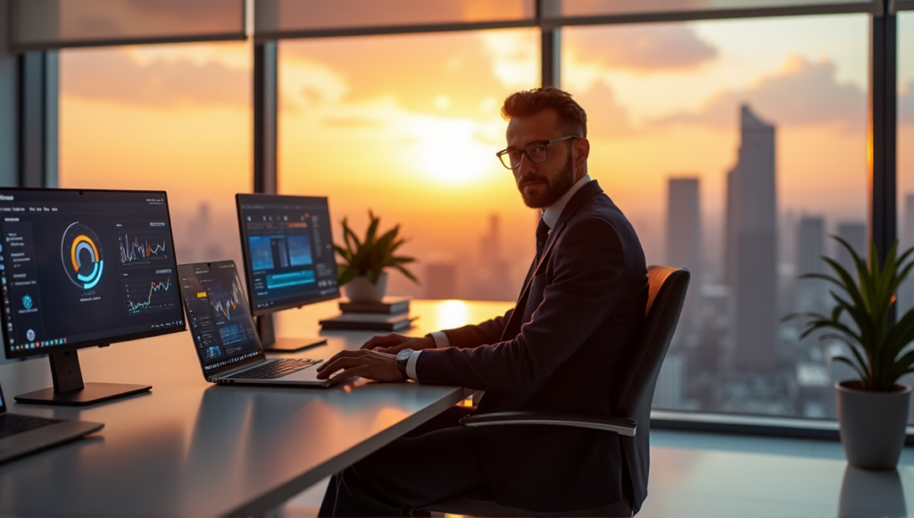"A marketing executive sits at a high-tech desk surrounded by AI-powered tools and gadgets in a spacious office with cityscape views."