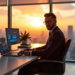 "How to Optimize Marketing Campaigns with AI-Powered Strategies and Tools for Enhanced ROI" "A marketing executive sits at a high-tech desk surrounded by AI-powered tools and gadgets in a spacious office with cityscape views."