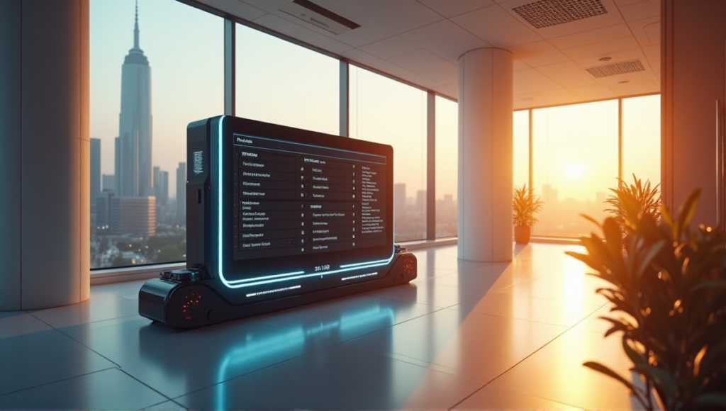 "A modern office scene featuring a high-tech task management system with AI-powered interface, surrounded by cylindrical devices, in front of a cityscape at golden hour."