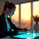 AI-Powered Task Management: Boosting Efficiency with Intelligent Automation "A young professional sits behind a minimalist desk, using AI-powered task management on a high-resolution touchscreen display, with a breathtaking cityscape view in the background."