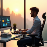 "Maximize Your Personal Efficiency Potential with AI-Driven Tools and Strategies" "A young professional sits calmly at a modern desk, surrounded by organized materials, with a large computer monitor displaying an AI-powered productivity dashboard."