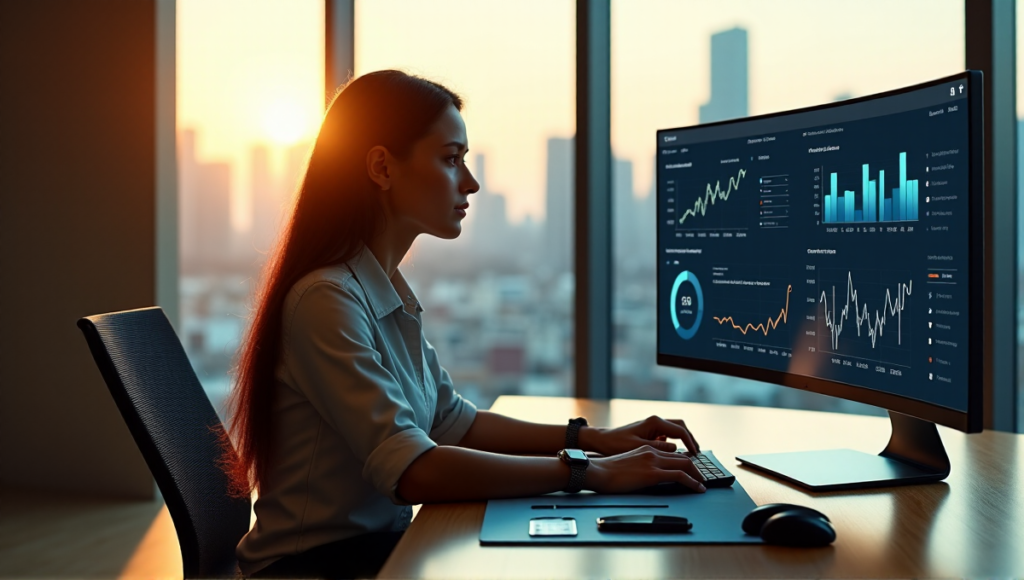 "A marketing executive sits confidently at a minimalist desk, surrounded by digital devices, studying an AI-driven analytics dashboard on her high-resolution computer monitor."