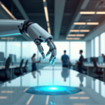 Customer Service AI Solutions: Boosting Efficiency and Enhancing Customer Experience with AI-Driven Automation "A futuristic robotic arm interacts with a glowing blue holographic interface in a modern call center, showcasing AI-powered customer service solutions and streamlined efficiency through AI Automation Solutions."