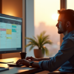 "Boost Your Productivity with AI-Driven Scheduling Solutions for Busy Professionals" "A busy professional sits at a minimalist desk, gazing intently at an AI-driven scheduling solution on their 4K monitor, with hands placed on the keyboard in a warm home office setting."