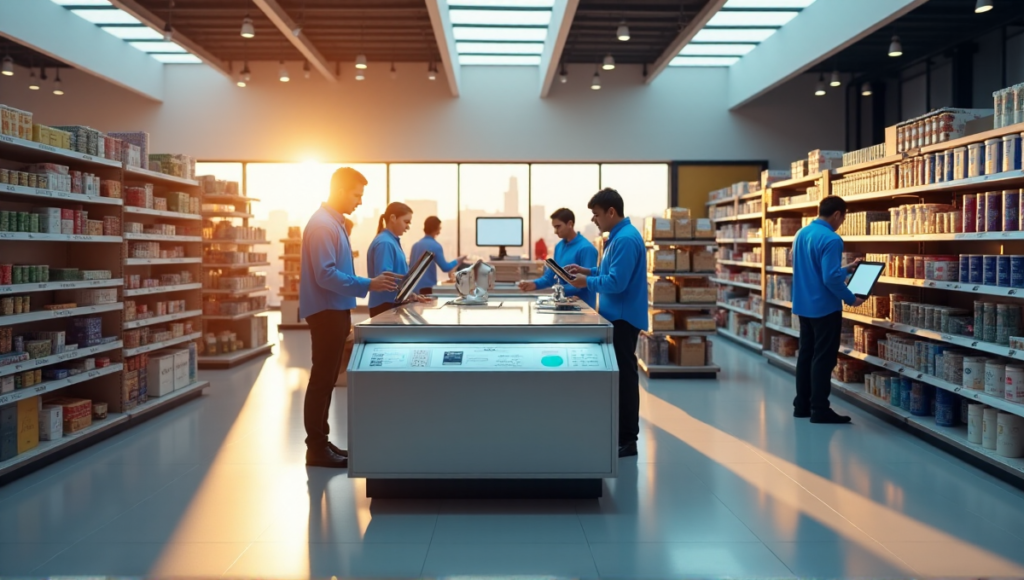 "A bustling retail store with an AI-powered checkout system at its center, showcasing Top AI Apps Home Work 2025 solutions in action."