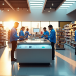 "How AI Transforms Retail Productivity with Top Business Solutions" "A bustling retail store with an AI-powered checkout system at its center, showcasing Top AI Apps Home Work 2025 solutions in action."