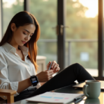 "Unlock Everyday Efficiency with AI Innovations: Boosting Personal Productivity and Streamlining Your Morning Routine" "A young woman reviews data on her smartwatch while planning her day with AI-powered gadgets in a modern living room."