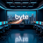 "Unlock Next-Gen Marketing Solutions with Byte's AI-Powered Guide to Smarter Campaigns" "A futuristic marketing control room with a Byte logo on a main screen surrounded by high-tech servers and AI-powered software interfaces in a dimly lit space with a blurred cityscape at dusk."