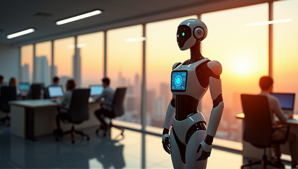 "A futuristic office scene featuring a sleek robotic assistant with AI-powered task management system, showcasing seamless coordination and efficiency through AI automation solutions."