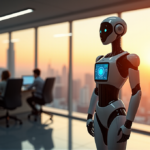 "AI-Powered Task Management: Boosting Efficiency with Intelligent Automation and Seamless Coordination" "A futuristic office scene featuring a sleek robotic assistant with AI-powered task management system, showcasing seamless coordination and efficiency through AI automation solutions."