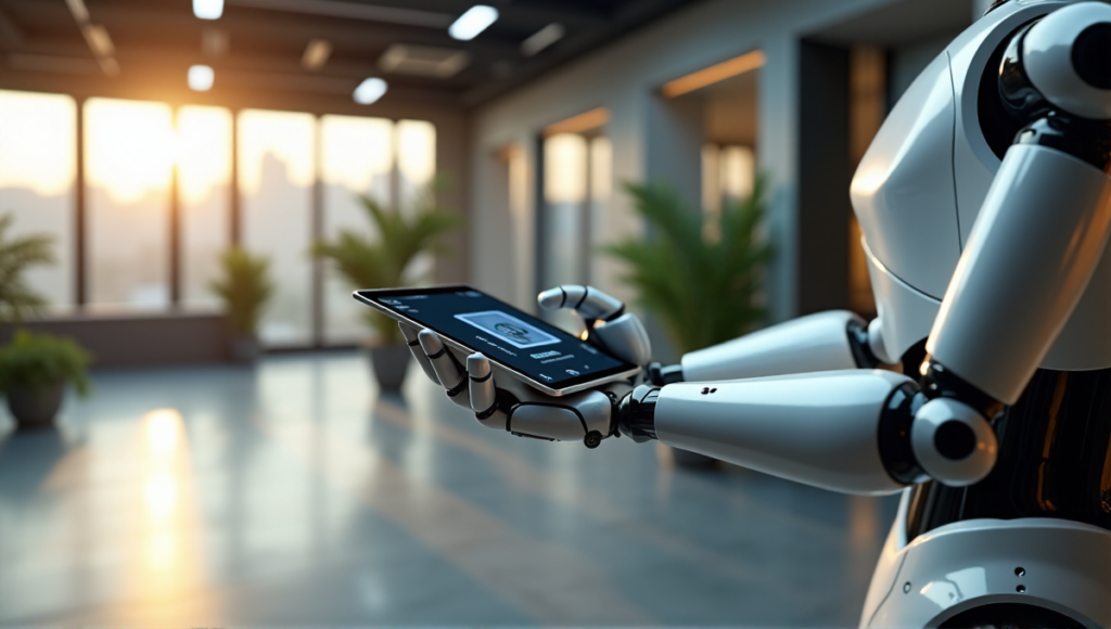 "A futuristic customer service center featuring a sleek robotic arm holding a tablet with an AI-driven interface in a minimalist workspace."