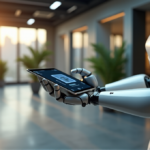 "Transform Customer Service with AI-Driven Solutions: Boosting Efficiency and Enhancing Experience through Enhanced Flexibility and Transparency" "A futuristic customer service center featuring a sleek robotic arm holding a tablet with an AI-driven interface in a minimalist workspace."