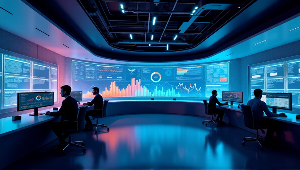 "Image of a high-tech marketing control room featuring an AI-driven campaign optimization dashboard on a large curved screen, with vibrant data visualizations and minimalist futuristic furniture."