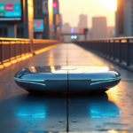 "Revolutionizing Personal Transportation with Cutting-Edge AI Innovations" "A sleek silver hoverboard on a futuristic walkway at dusk, with AI-powered navigation system and cityscape in golden hour light."