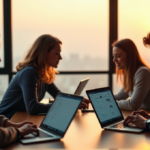 "A diverse team of four people from different backgrounds collaborate using top AI apps like Trello, Asana, Slack, and Zoom in a modern co-working space."