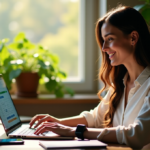 "A young woman sits at her home office desk, surrounded by AI-powered tools, effortlessly juggling tasks on her laptop with a 4K display, utilizing AI automation solutions for enhanced efficiency."