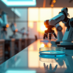 "The Future of AI Automation Solutions in Biotechnology: Enhancing Efficiency and Innovation" "A futuristic laboratory scene featuring a sleek robotic arm holding a petri dish under a microscope, surrounded by humming servers and biotechnology equipment."