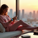 "Unlocking Personal Growth with Unique AI Tools for Effortless Efficiency" "A young woman relaxes on a modern couch surrounded by AI-powered gadgets, interacting with her smartwatch amidst a serene cityscape at sunset."